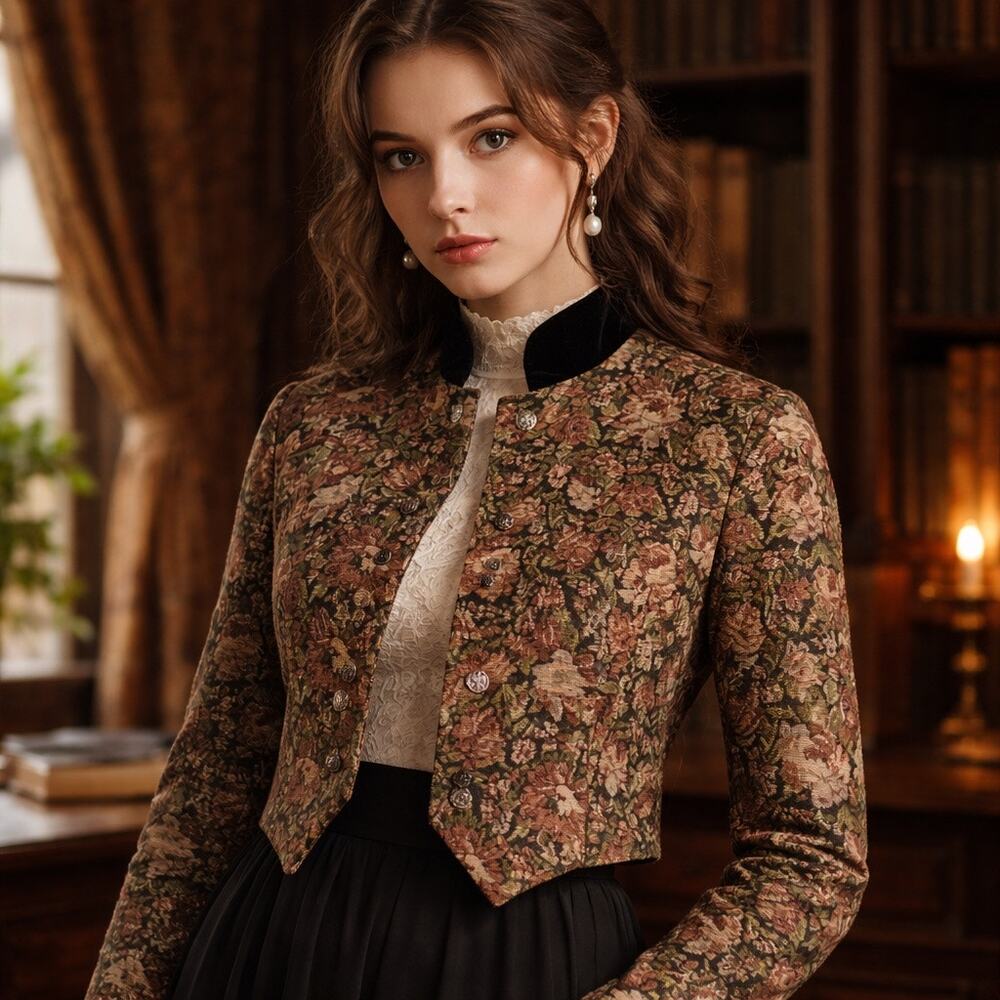Floral Tapestry Cropped Blazer Jacket - Brown